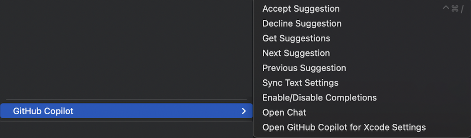 Screenshot of Xcode Editor GitHub Copilot menu item