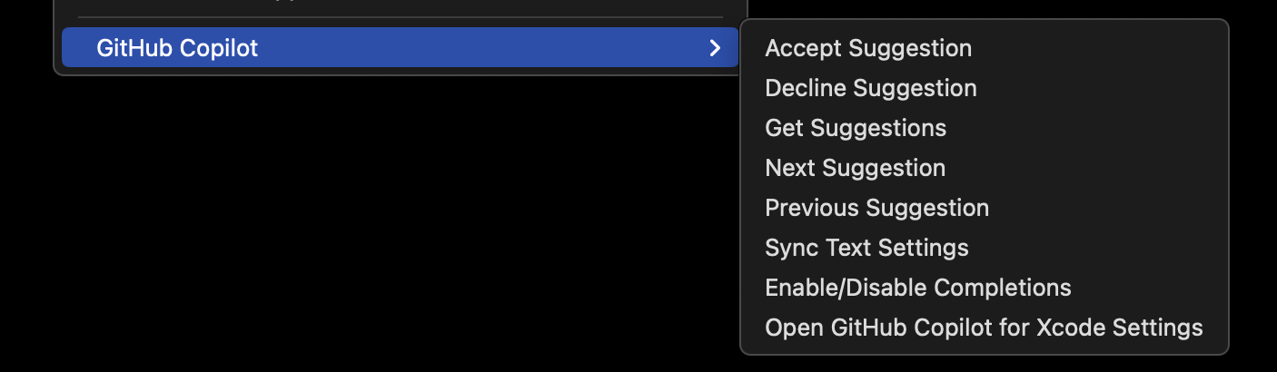Screenshot of Xcode Editor GitHub Copilot menu item