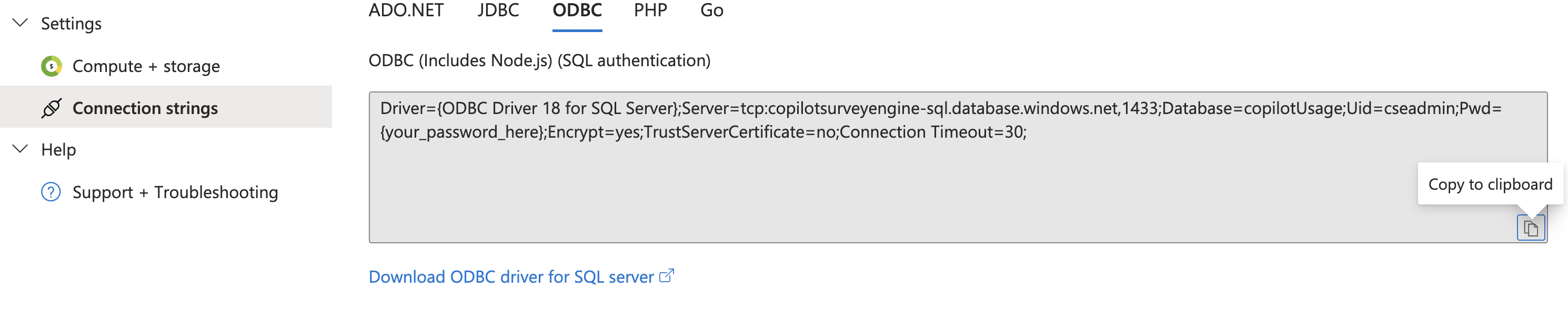 Image for Database Connection String setting in the Azure portal