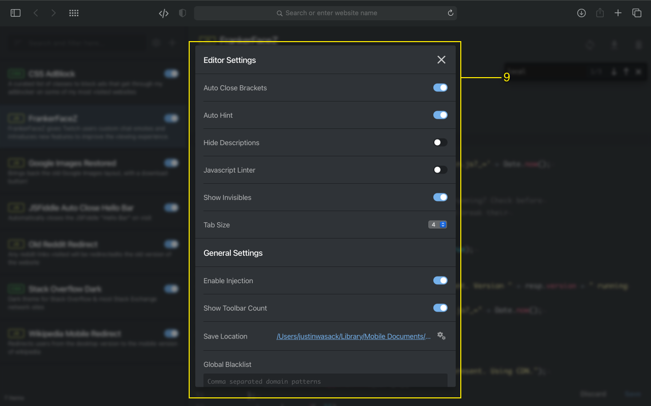 Userscripts Safari Settings Window